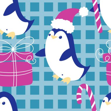 Noel hayvanları kağıt, kumaş, çarşaf, çocuk giysisi baskısı, yeni yıl ambalajı ve Noel kış ambalajı için kusursuz penguen desenleri. Yüksek kaliteli illüstrasyon