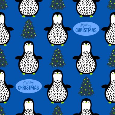 Noel hayvanları kağıt, kumaş, çarşaf, çocuk giysisi baskısı, yeni yıl ambalajı ve Noel kış ambalajı için kusursuz penguen desenleri. Yüksek kaliteli illüstrasyon