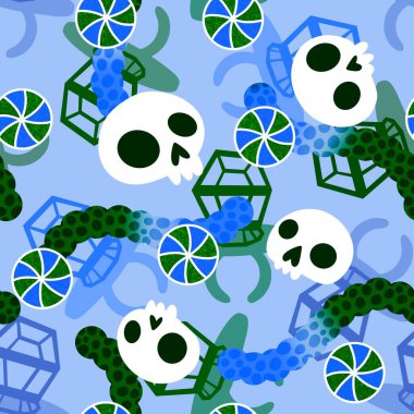 Çizgi film cadılar bayramı şekersiz kafatası ve kumaş ambalajı için lolipop deseni ve çocuk giysileri baskısı ve şenlik ambalajı ve sonbahar aksesuarları. Yüksek kaliteli illüstrasyon