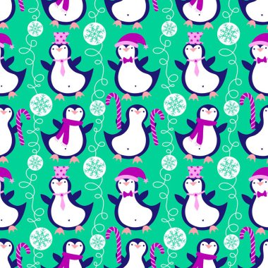 Noel hayvanları kağıt, kumaş, çarşaf, çocuk giysisi baskısı, yeni yıl ambalajı ve Noel kış ambalajı için kusursuz penguen desenleri. Yüksek kaliteli illüstrasyon