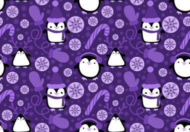 Noel hayvanları kağıt, kumaş, çarşaf, çocuk giysisi baskısı, yeni yıl ambalajı ve Noel kış ambalajı için kusursuz penguen desenleri. Yüksek kaliteli illüstrasyon