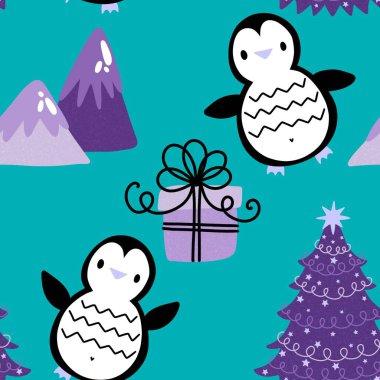 Noel hayvanları kağıt, kumaş, çarşaf, çocuk giysisi baskısı, yeni yıl ambalajı ve Noel kış ambalajı için kusursuz penguen desenleri. Yüksek kaliteli illüstrasyon