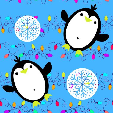 Noel hayvanları kağıt, kumaş, çarşaf, çocuk giysisi baskısı, yeni yıl ambalajı ve Noel kış ambalajı için kusursuz penguen desenleri. Yüksek kaliteli illüstrasyon