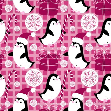 Noel hayvanları kağıt, kumaş, çarşaf, çocuk giysisi baskısı, yeni yıl ambalajı ve Noel kış ambalajı için kusursuz penguen desenleri. Yüksek kaliteli illüstrasyon