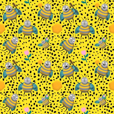 Duvar kağıtları, kumaşlar, tekstil ve ambalajlar, hediyeler, kartlar, çarşaflar ve ambalaj kağıtları için kusursuz arı deseni. Yüksek kaliteli illüstrasyon 