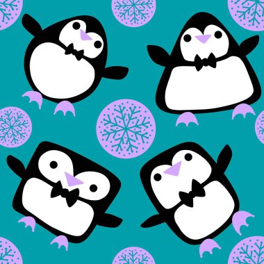 Noel hayvanları kağıt, kumaş, çarşaf, çocuk giysisi baskısı, yeni yıl ambalajı ve Noel kış ambalajı için kusursuz penguen desenleri. Yüksek kaliteli illüstrasyon