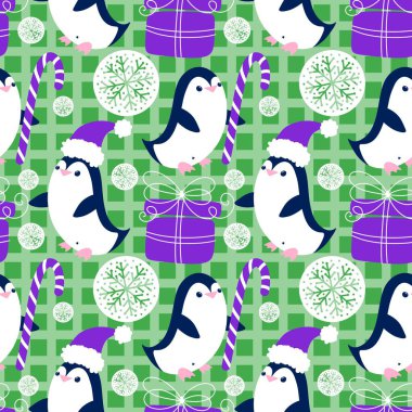 Noel hayvanları kağıt, kumaş, çarşaf, çocuk giysisi baskısı, yeni yıl ambalajı ve Noel kış ambalajı için kusursuz penguen desenleri. Yüksek kaliteli illüstrasyon