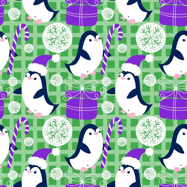 Noel hayvanları kağıt, kumaş, çarşaf, çocuk giysisi baskısı, yeni yıl ambalajı ve Noel kış ambalajı için kusursuz penguen desenleri. Yüksek kaliteli illüstrasyon