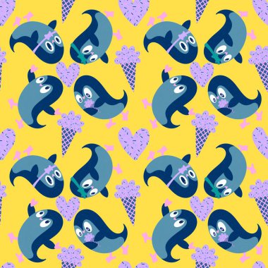 Noel hayvanları kağıt, kumaş, çarşaf, çocuk giysisi baskısı, yeni yıl ambalajı ve Noel kış ambalajı için kusursuz penguen desenleri. Yüksek kaliteli illüstrasyon