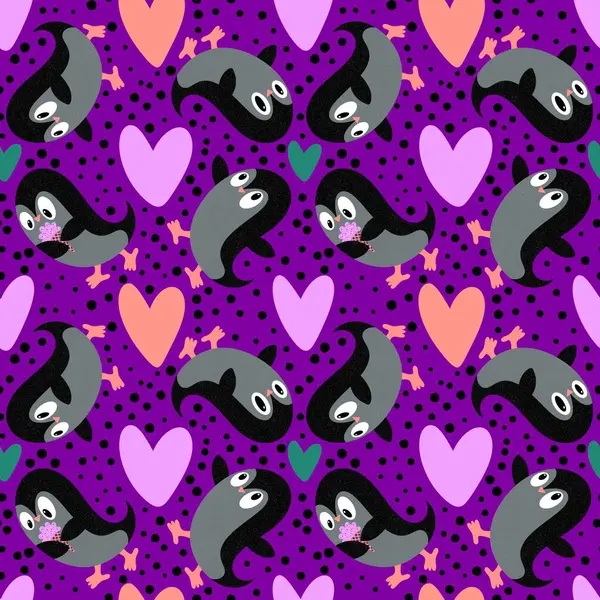 Noel hayvanları kağıt, kumaş, çarşaf, çocuk giysisi baskısı, yeni yıl ambalajı ve Noel kış ambalajı için kusursuz penguen desenleri. Yüksek kaliteli illüstrasyon