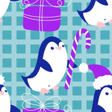 Noel hayvanları kağıt, kumaş, çarşaf, çocuk giysisi baskısı, yeni yıl ambalajı ve Noel kış ambalajı için kusursuz penguen desenleri. Yüksek kaliteli illüstrasyon