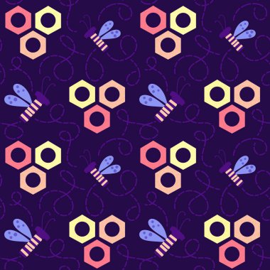 Duvar kağıtları, kumaşlar, tekstil ve ambalajlar, hediyeler, kartlar, çarşaflar ve ambalaj kağıtları için kusursuz arı deseni. Yüksek kaliteli illüstrasyon 