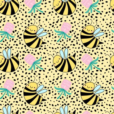 Duvar kağıtları, kumaşlar, tekstil ve ambalajlar, hediyeler, kartlar, çarşaflar ve ambalaj kağıtları için kusursuz arı deseni. Yüksek kaliteli illüstrasyon 