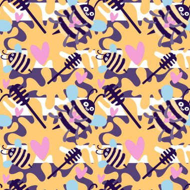 Duvar kağıtları, kumaşlar, tekstil ve ambalajlar, hediyeler, kartlar, çarşaflar ve ambalaj kağıtları için kusursuz arı deseni. Yüksek kaliteli illüstrasyon 