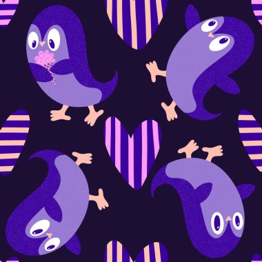 Noel hayvanları kağıt, kumaş, çarşaf, çocuk giysisi baskısı, yeni yıl ambalajı ve Noel kış ambalajı için kusursuz penguen desenleri. Yüksek kaliteli illüstrasyon