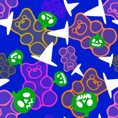 Çizgi film cadılar bayramı şekersiz kafatası ve kumaş ambalajı için lolipop deseni ve çocuk giysileri baskısı ve şenlik ambalajı ve sonbahar aksesuarları. Yüksek kaliteli illüstrasyon