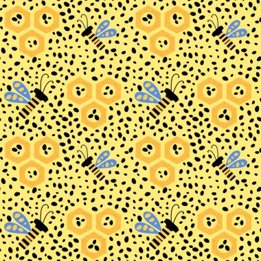 Duvar kağıtları, kumaşlar, tekstil ve ambalajlar, hediyeler, kartlar, çarşaflar ve ambalaj kağıtları için kusursuz arı deseni. Yüksek kaliteli illüstrasyon 