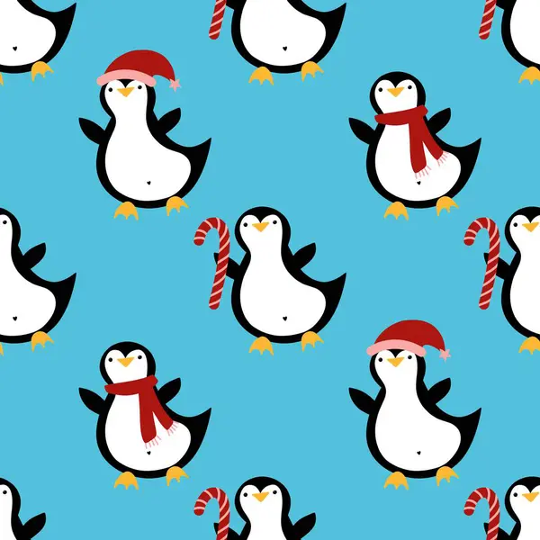 Noel hayvanları kağıt, kumaş, çarşaf, çocuk giysisi baskısı, yeni yıl ambalajı ve Noel kış ambalajı için kusursuz penguen desenleri. Yüksek kaliteli illüstrasyon