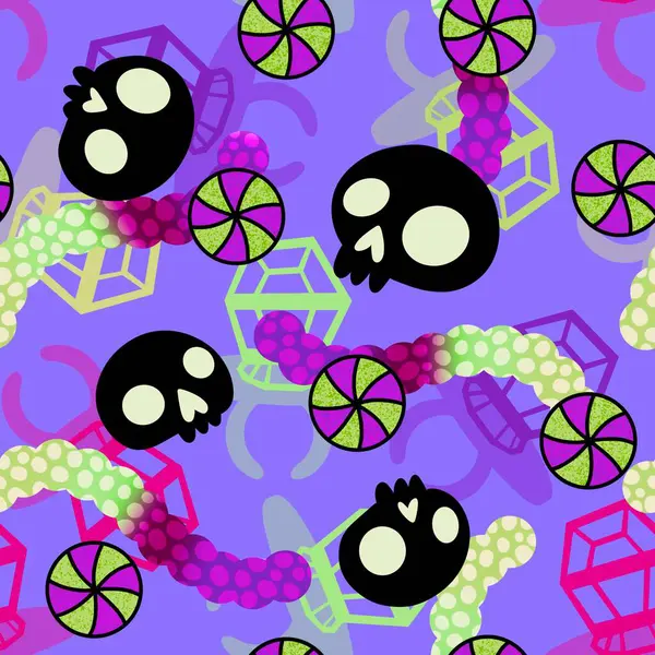 Çizgi film cadılar bayramı şekersiz kafatası ve kumaş ambalajı için lolipop deseni ve çocuk giysileri baskısı ve şenlik ambalajı ve sonbahar aksesuarları. Yüksek kaliteli illüstrasyon