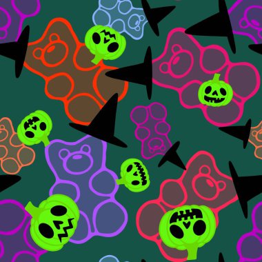 Çizgi film cadılar bayramı şekersiz kafatası ve kumaş ambalajı için lolipop deseni ve çocuk giysileri baskısı ve şenlik ambalajı ve sonbahar aksesuarları. Yüksek kaliteli illüstrasyon