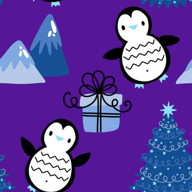 Noel hayvanları kağıt, kumaş, çarşaf, çocuk giysisi baskısı, yeni yıl ambalajı ve Noel kış ambalajı için kusursuz penguen desenleri. Yüksek kaliteli illüstrasyon