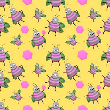 Duvar kağıtları, kumaşlar, tekstil ve ambalajlar, hediyeler, kartlar, çarşaflar ve ambalaj kağıtları için kusursuz arı deseni. Yüksek kaliteli illüstrasyon 