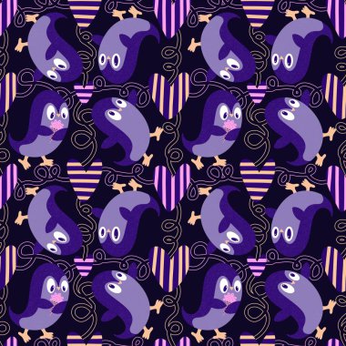 Noel hayvanları kağıt, kumaş, çarşaf, çocuk giysisi baskısı, yeni yıl ambalajı ve Noel kış ambalajı için kusursuz penguen desenleri. Yüksek kaliteli illüstrasyon