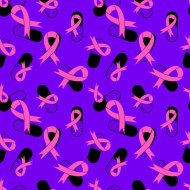 Göğüs kanseri ayı, ambalaj kağıdı, tıbbi aksesuar ve ilaç tekstili için kusursuz pembe kurdele günü deseni. Yüksek kaliteli illüstrasyon 