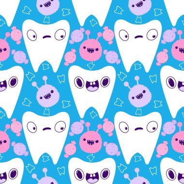 Kağıt, kumaş, çarşaf, çocuk giysisi baskısı, doktor aksesuarları ve eczane ambalajları için tıbbî ve kusursuz diş deseni. Yüksek kaliteli illüstrasyon