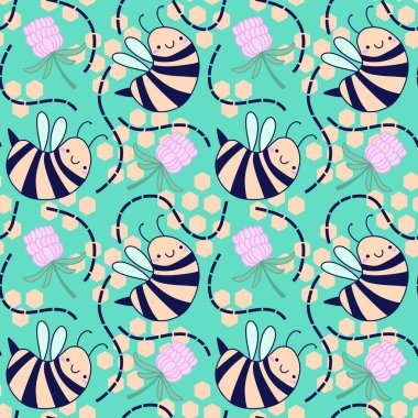 Duvar kağıtları, kumaşlar, tekstil ve ambalajlar, hediyeler, kartlar, çarşaflar ve ambalaj kağıtları için kusursuz arı deseni. Yüksek kaliteli illüstrasyon 