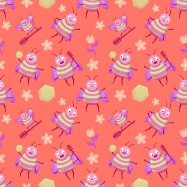 Duvar kağıtları, kumaşlar, tekstil ve ambalajlar, hediyeler, kartlar, çarşaflar ve ambalaj kağıtları için kusursuz arı deseni. Yüksek kaliteli illüstrasyon 