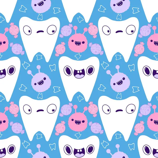 Kağıt, kumaş, çarşaf, çocuk giysisi baskısı, doktor aksesuarları ve eczane ambalajları için tıbbî ve kusursuz diş deseni. Yüksek kaliteli illüstrasyon