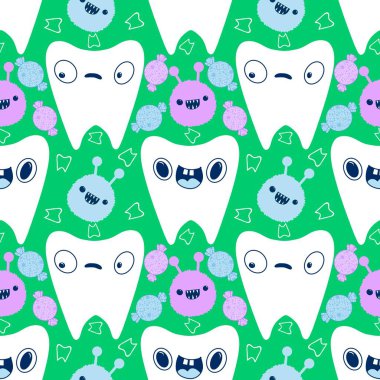 Kağıt, kumaş, çarşaf, çocuk giysisi baskısı, doktor aksesuarları ve eczane ambalajları için tıbbî ve kusursuz diş deseni. Yüksek kaliteli illüstrasyon
