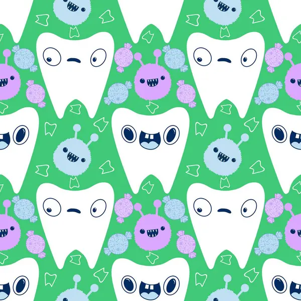 Kağıt, kumaş, çarşaf, çocuk giysisi baskısı, doktor aksesuarları ve eczane ambalajları için tıbbî ve kusursuz diş deseni. Yüksek kaliteli illüstrasyon