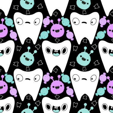 Kağıt, kumaş, çarşaf, çocuk giysisi baskısı, doktor aksesuarları ve eczane ambalajları için tıbbî ve kusursuz diş deseni. Yüksek kaliteli illüstrasyon