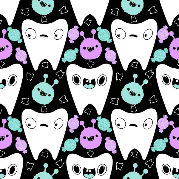 Kağıt, kumaş, çarşaf, çocuk giysisi baskısı, doktor aksesuarları ve eczane ambalajları için tıbbî ve kusursuz diş deseni. Yüksek kaliteli illüstrasyon
