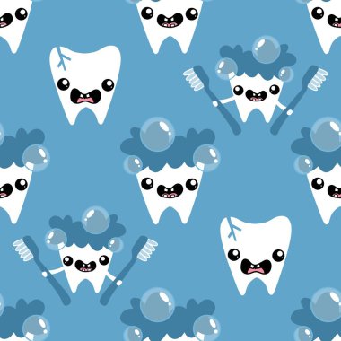 Kağıt, kumaş, çarşaf, çocuk giysisi baskısı, doktor aksesuarları ve eczane ambalajları için tıbbî ve kusursuz diş deseni. Yüksek kaliteli illüstrasyon