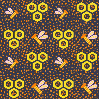 Duvar kağıtları, kumaşlar, tekstil ve ambalajlar, hediyeler, kartlar, çarşaflar ve ambalaj kağıtları için kusursuz arı deseni. Yüksek kaliteli illüstrasyon 