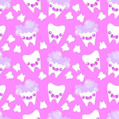 Kağıt, kumaş, çarşaf, çocuk giysisi baskısı, doktor aksesuarları ve eczane ambalajları için tıbbî ve kusursuz diş deseni. Yüksek kaliteli illüstrasyon