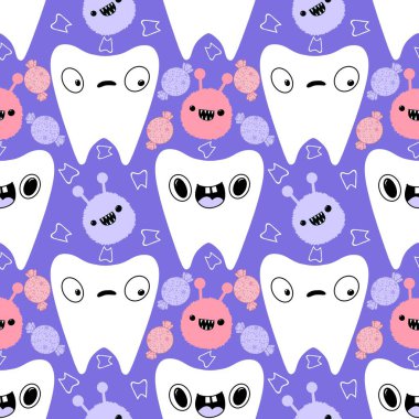 Kağıt, kumaş, çarşaf, çocuk giysisi baskısı, doktor aksesuarları ve eczane ambalajları için tıbbî ve kusursuz diş deseni. Yüksek kaliteli illüstrasyon