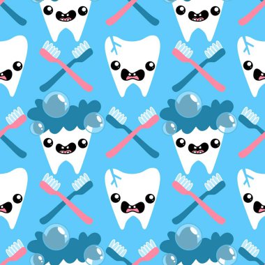 Kağıt, kumaş, çarşaf, çocuk giysisi baskısı, doktor aksesuarları ve eczane ambalajları için tıbbî ve kusursuz diş deseni. Yüksek kaliteli illüstrasyon
