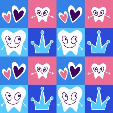 Kağıt, kumaş, çarşaf, çocuk giysisi baskısı, doktor aksesuarları ve eczane ambalajları için tıbbî ve kusursuz diş deseni. Yüksek kaliteli illüstrasyon