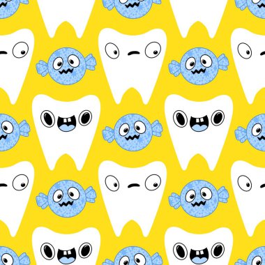 Kağıt, kumaş, çarşaf, çocuk giysisi baskısı, doktor aksesuarları ve eczane ambalajları için tıbbî ve kusursuz diş deseni. Yüksek kaliteli illüstrasyon