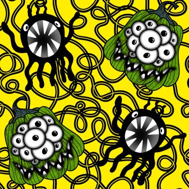 Cadılar Bayramı balkabakları kağıt, kumaş, çarşaf, çocuk giysisi baskısı, şenlik ambalajı ve sonbahar partisi aksesuarları için kusursuz canavar desenleri. Yüksek kaliteli illüstrasyon