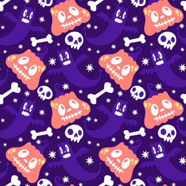 Cadılar Bayramı hayaletleri kağıt, kumaş, çarşaf ve çocuk giysileri baskısı, ambalaj ve şenlikli aksesuarlar için kusursuz çizgi film desenleri. Yüksek kaliteli illüstrasyon