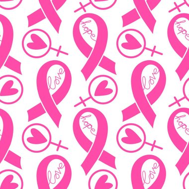 Göğüs kanseri ayı, ambalaj kağıdı, tıbbi aksesuar ve ilaç tekstili için kusursuz pembe kurdele günü deseni. Yüksek kaliteli illüstrasyon