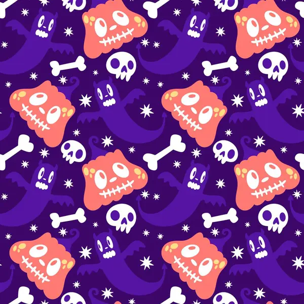 Cadılar Bayramı hayaletleri kağıt, kumaş, çarşaf ve çocuk giysileri baskısı, ambalaj ve şenlikli aksesuarlar için kusursuz çizgi film desenleri. Yüksek kaliteli illüstrasyon