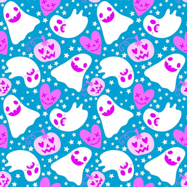 Cadılar Bayramı hayaletleri kağıt, kumaş, çarşaf ve çocuk giysileri baskısı, ambalaj ve şenlikli aksesuarlar için kusursuz çizgi film desenleri. Yüksek kaliteli illüstrasyon