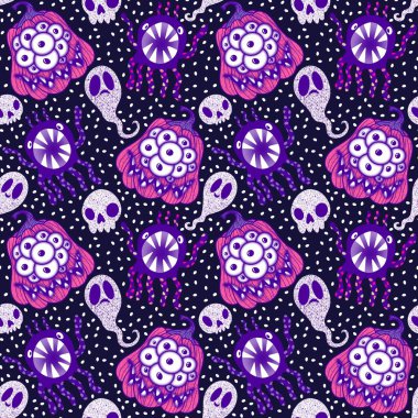 Cadılar Bayramı balkabakları kağıt, kumaş, çarşaf, çocuk giysisi baskısı, şenlik ambalajı ve sonbahar partisi aksesuarları için kusursuz canavar desenleri. Yüksek kaliteli illüstrasyon