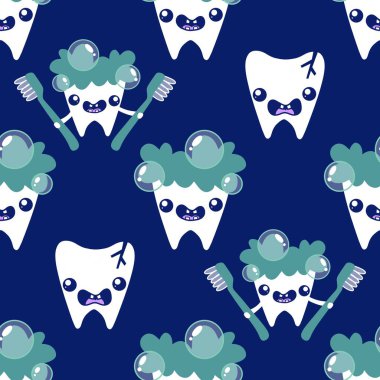 Kağıt, kumaş, çarşaf, çocuk giysisi baskısı, doktor aksesuarları ve eczane ambalajları için tıbbî ve kusursuz diş deseni. Yüksek kaliteli illüstrasyon